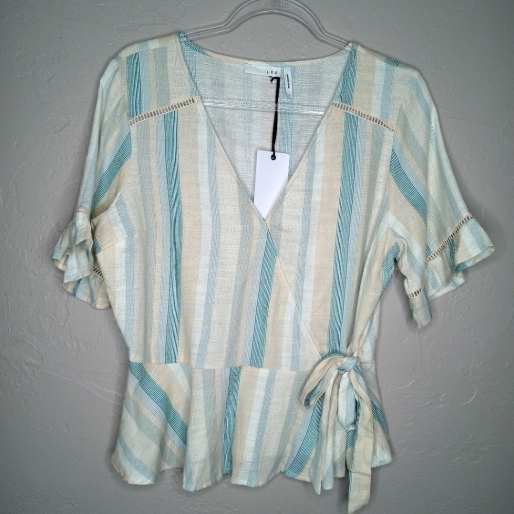 LUQ Multi Stripe Faux Wrap Peplum Top